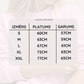 Size chart for a garment with measurements in centimeters on a white background